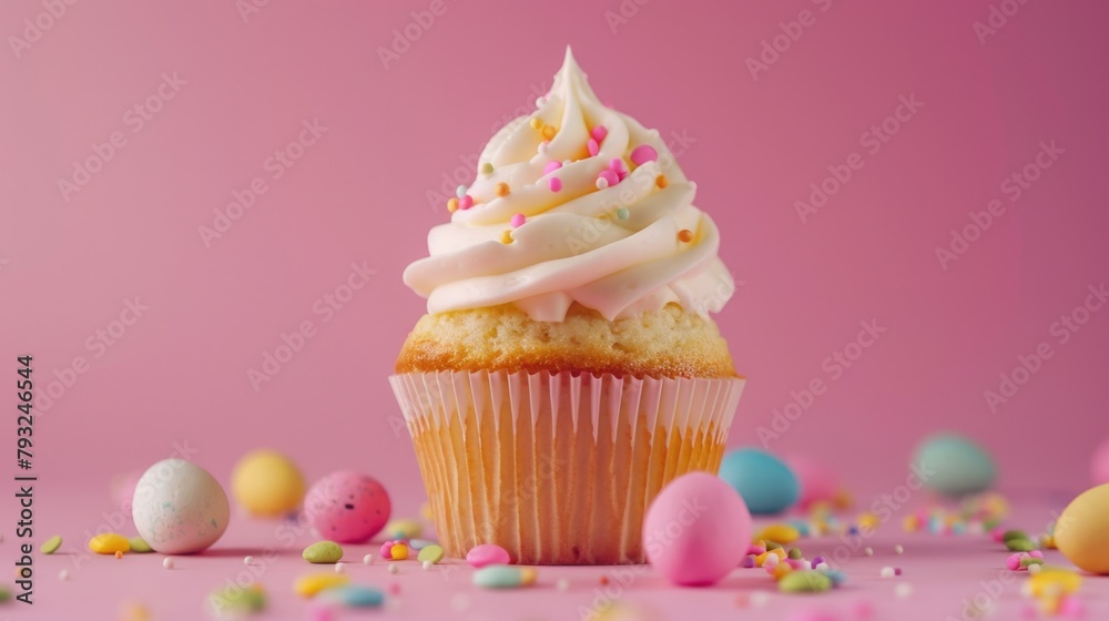 Delicious cupcake with white frosting and colorful sprinkles, perfect for bakery or dessert concepts Delicious cupcake with white frosting and colorful sprinkles, perfect for bakery or dessert concepts