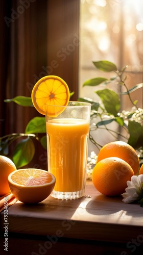 A glass of freshly squeezed orange juice on a wooden breakfast table, morning light streaming in, symbolizing a healthy start to the day