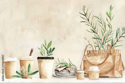 A cozy scene with coffee cups and green plants. Perfect for interior design projects