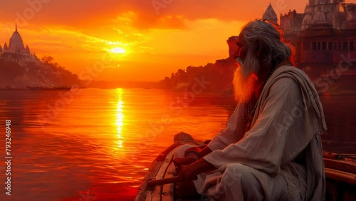 Indian man rowing boat on the river at sunset photo