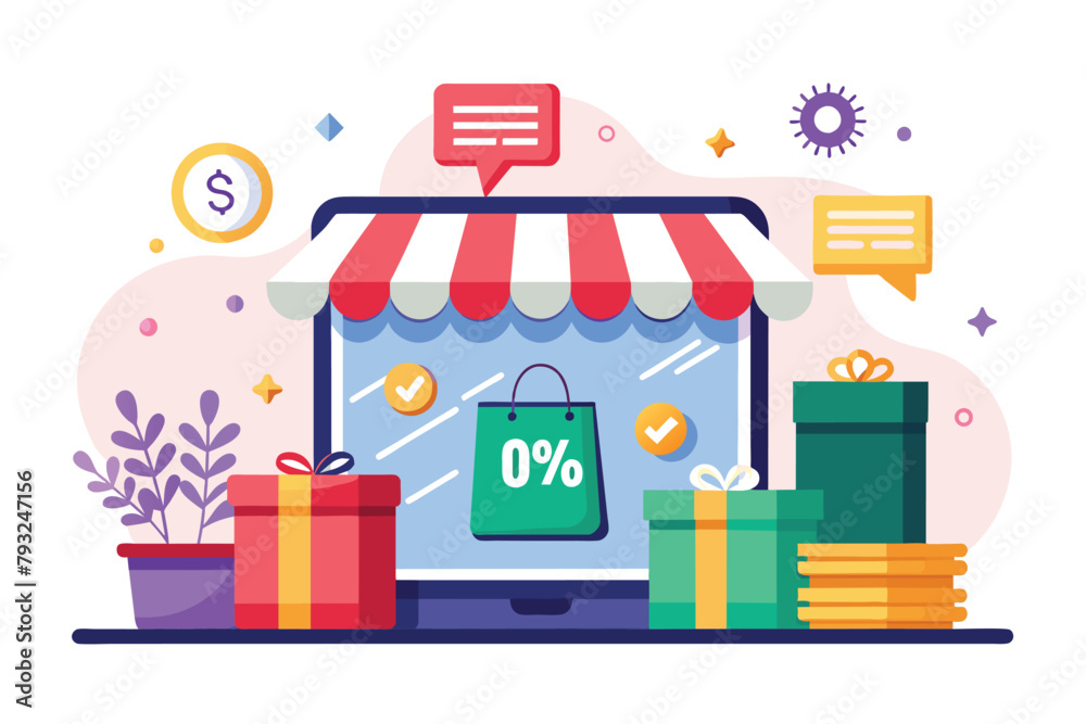 Storefront displaying a sale sign with various presents beside it, Online store promotion, discount, big sale, Simple and minimalist flat Vector Illustration