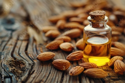 A bottle of almond oil next to some almonds. Suitable for health and beauty concepts