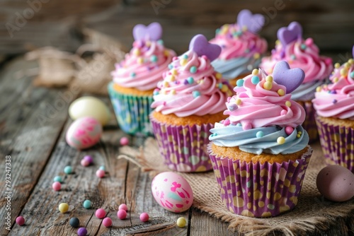 Colorful cupcakes with pink frosting and sprinkles, perfect for bakery or celebration themes