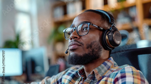Man waring a headset and glasses staring at computer in office working, blue collar worker from home.