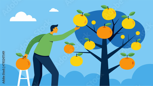 A person picking fruits from a tree with each fruit representing a different reward they have earned through smart financial decisions.