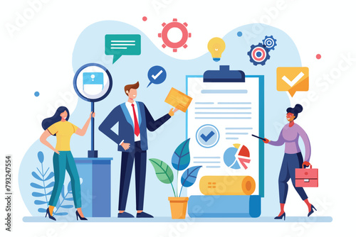 Group of People Discussing Checklist on Clipboard, Open recruitment looking for new employee, finding human resources for job, Simple and minimalist flat Vector Illustration