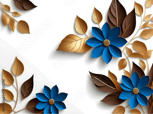 wallpaper background with blue and brown flowers and leaves on a white background