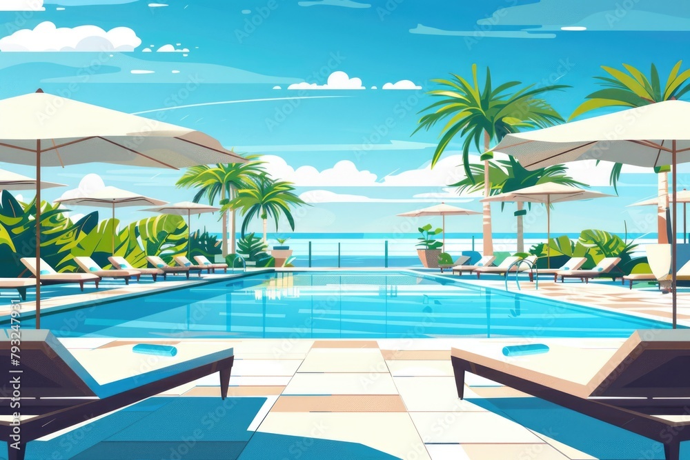 A serene scene of a large swimming pool with lounge chairs and umbrellas. Ideal for travel and leisure concepts