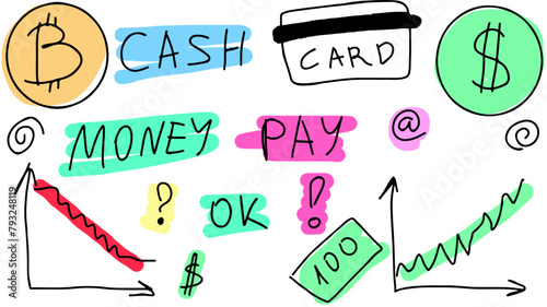 Doodle Set. Money, dollars, bitcoin, finance. Vector illustration.