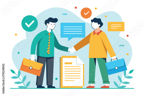 Two individuals engaging in a handshake gesture over paperwork, symbolizing an agreement or partnership, Partnership agreement trending, Simple and minimalist flat Vector Illustration