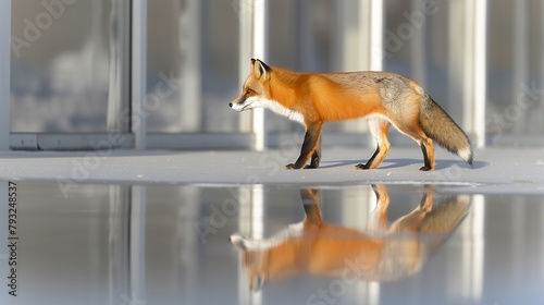 Red fox strolling near water on sidewalk, terrestrial carnivore