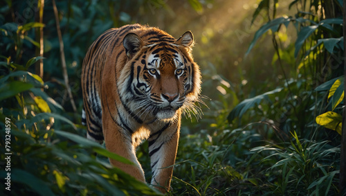 Default A photo of a tiger prowling through the dense jungle at dawn