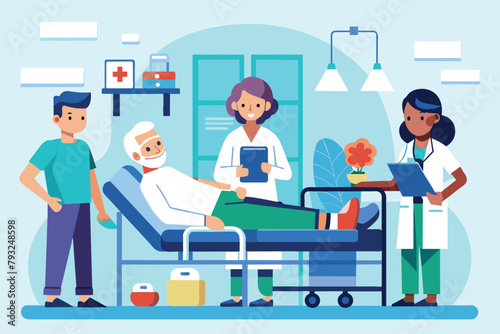 Doctors, nurses, and visitors gather around hospital bed with patient, patient in hospital bed doctors and nurses providing medical care, Simple and minimalist flat Vector Illustration