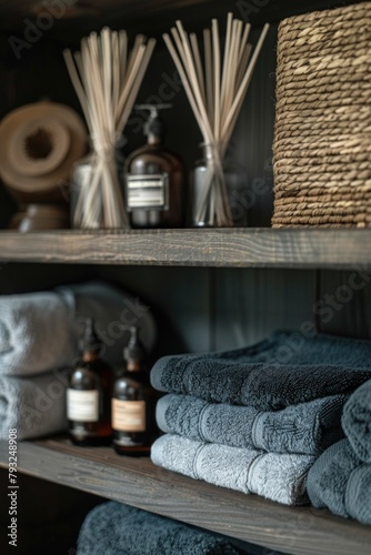 Organized display of towels and soap products, suitable for bathroom or household themes