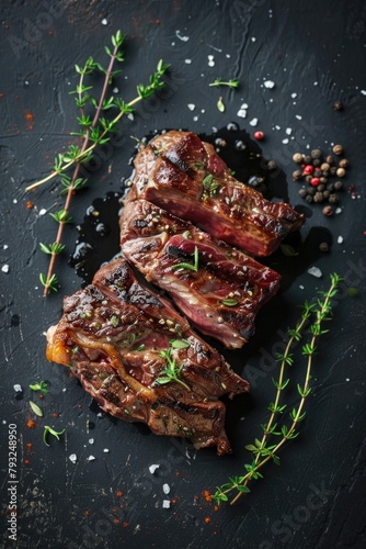 Two steaks placed on a black surface, perfect for food and cooking concepts