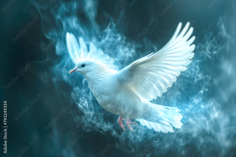 Majestic White Dove in Flight Surrounded by Smoke