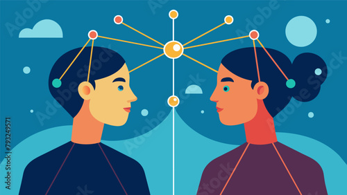 Two people sitting face to face their eyes closed as they focus on the neural devices attached to their heads. Bright beams of light connect the.