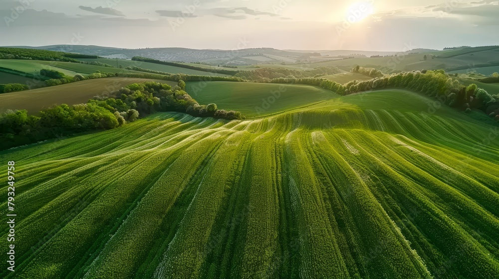   Aerial perspective of a verdant expanse dotted with trees and distant rolling hills bathed in the sun's golden horizon glow
