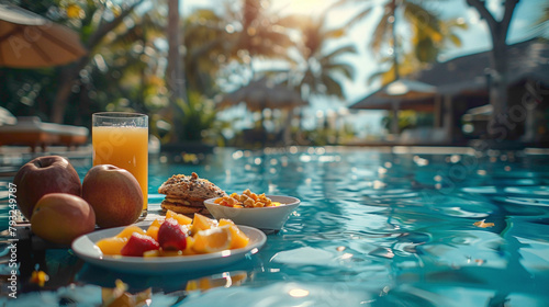 Breakfast in swimming pool, floating breakfast in luxurious tropical resort, Table relaxing on calm pool water, healthy breakfast and fruit plate by resort pool, Tropical couple beach luxury lifestyle photo