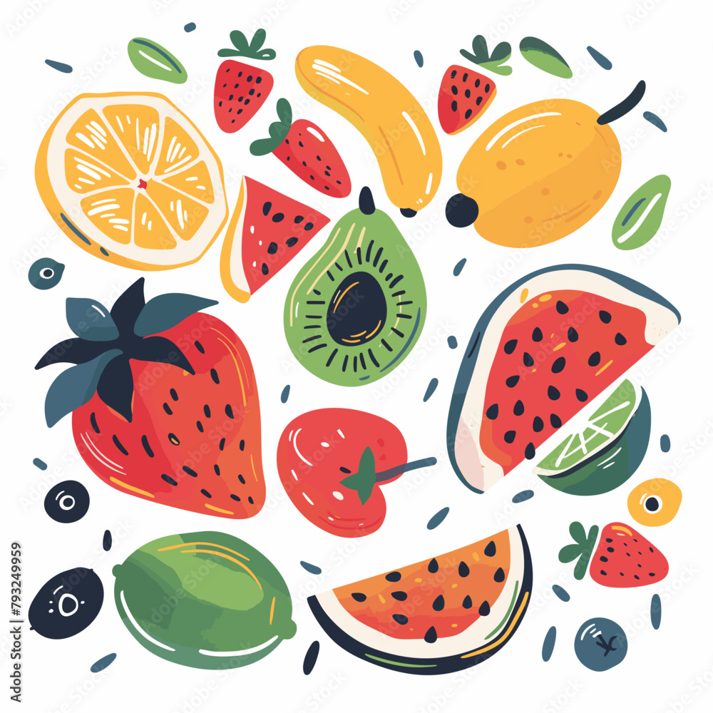 Fruits and berries vector illustration, flat design. Juicy watermelon, orange, lemon, strawberry, blueberry, lime. Fruits and berries vector illustration, flat design. Juicy watermelon, orange, lemon, strawberry, blueberry, lime.