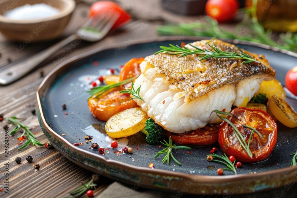 A plate of fish and vegetables on a wooden table, suitable for healthy eating promotions A plate of fish and vegetables on a wooden table, suitable for healthy eating promotions