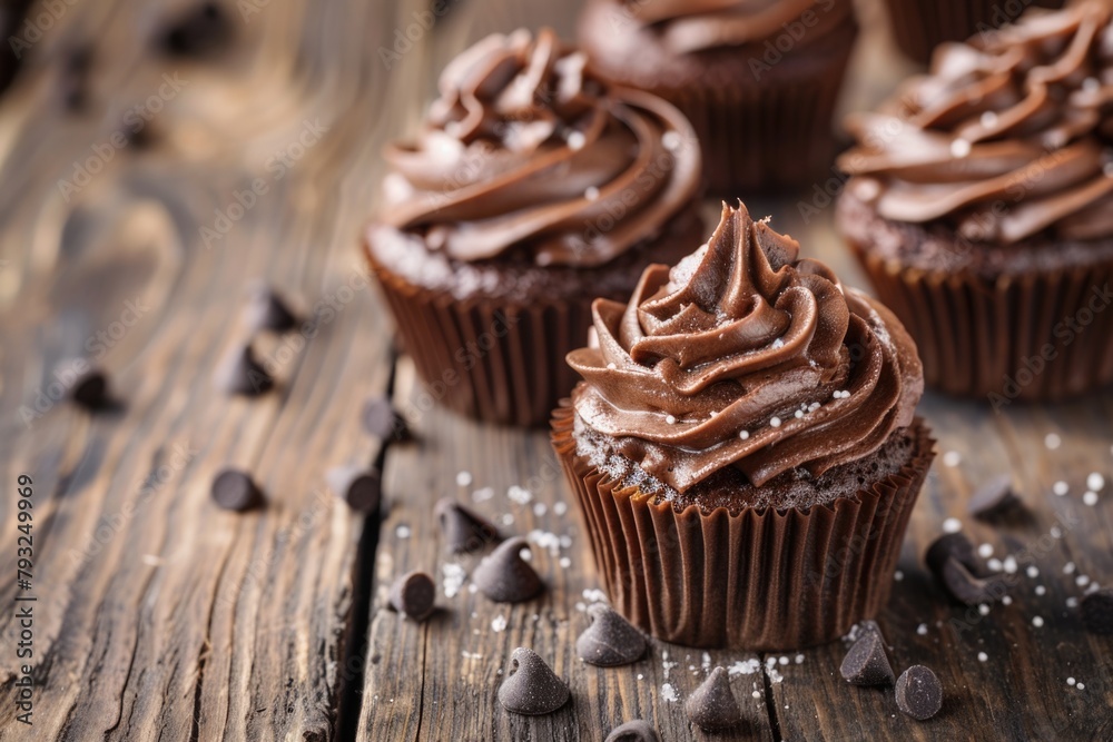 Delicious chocolate cupcakes with rich frosting and chocolate chips. Perfect for bakery or dessert concepts Delicious chocolate cupcakes with rich frosting and chocolate chips. Perfect for bakery or dessert concepts