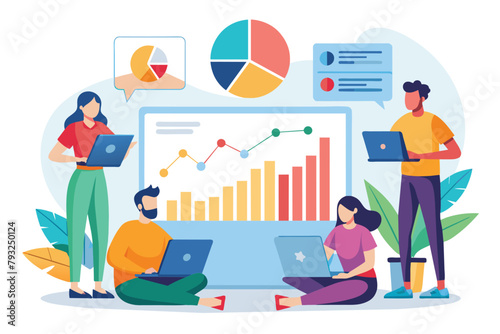 People analyzing business graphs on laptops in front of a large screen, People analyzing business graphs sitting on charts trending, Simple and minimalist flat Vector Illustration