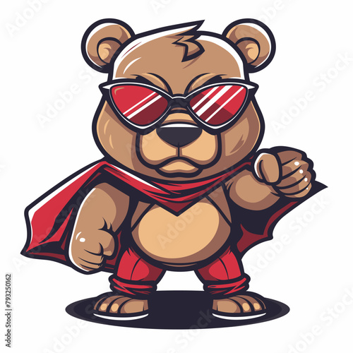 A cartoon bear with sunglasses and a red cape