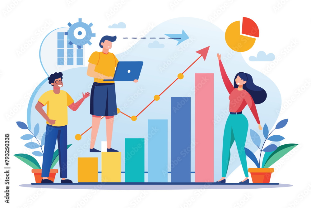 Three individuals standing on a bar chart and using a laptop for analysis, People analyzing growth chart, Simple and minimalist flat Vector Illustration