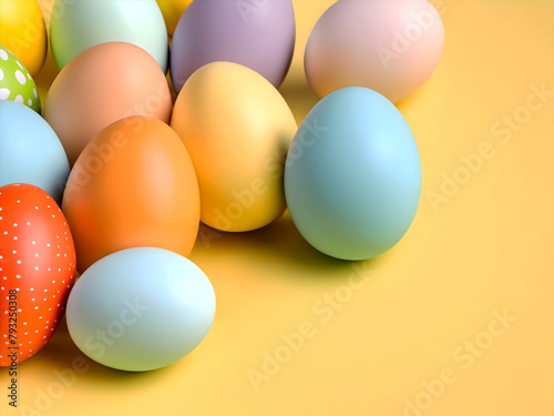 Colorful Easter eggs on a yellow background with space for text