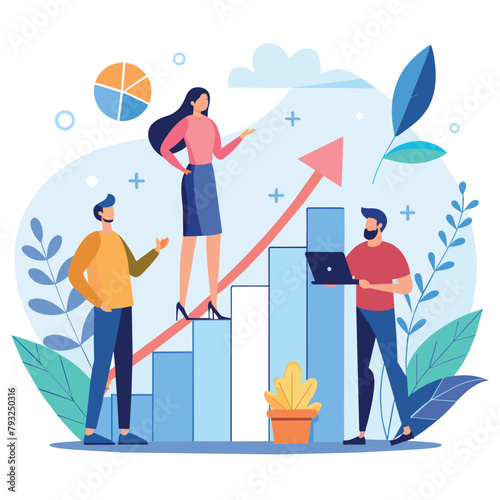 People standing atop a bar chart, analyzing data for growth and success, People analyzing growth chart, Simple and minimalist flat Vector Illustration
