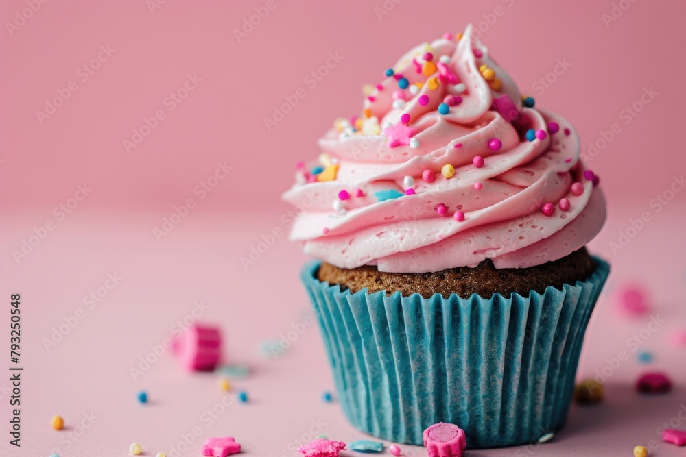 Delicious cupcake with pink frosting and colorful sprinkles, perfect for bakery or celebration concepts Delicious cupcake with pink frosting and colorful sprinkles, perfect for bakery or celebration concepts