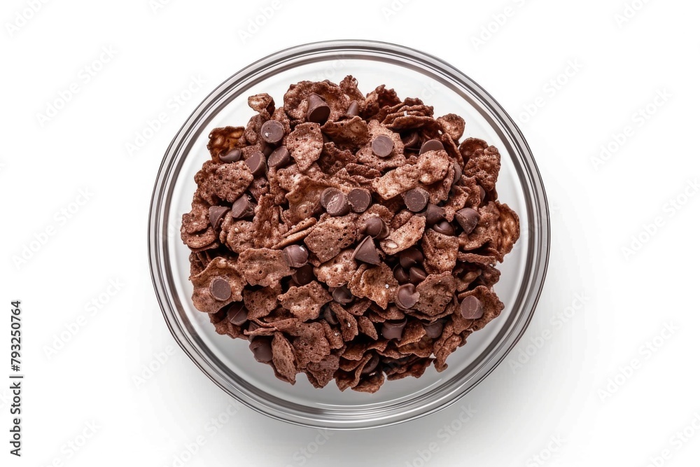 A bowl of cereal with chocolate chips, perfect for breakfast ads A bowl of cereal with chocolate chips, perfect for breakfast ads