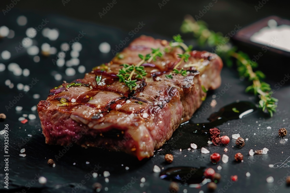 A piece of meat with a sprig of thyme on a black plate. Suitable for food blogs and restaurant menus A piece of meat with a sprig of thyme on a black plate. Suitable for food blogs and restaurant menus