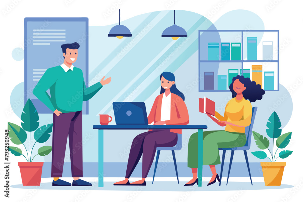 Group of people actively discussing and collaborating around a table while working on laptops, people are discussing in the company, Simple and minimalist flat Vector Illustration