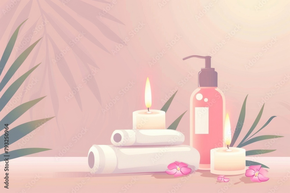 A bottle of lotion next to two candles. Perfect for spa or relaxation concept