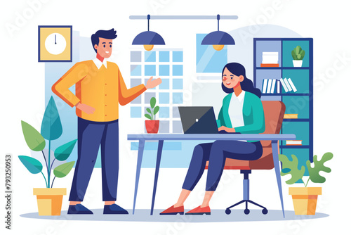 A man and a woman are discussing in front of a laptop in the company office, people are discussing in the company, Simple and minimalist flat Vector Illustration