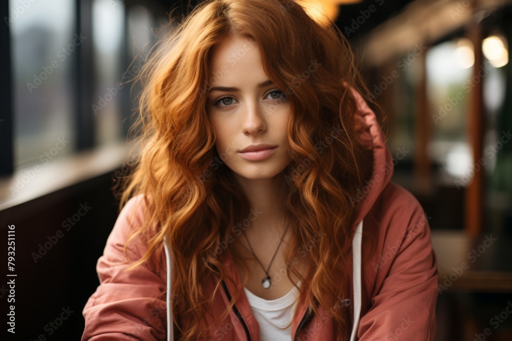 Obraz premium Serene redheaded woman gazing in urban cafe setting