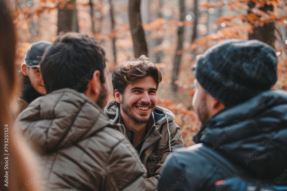 Group of friends walking in autumn forest. They are talking and smiling.