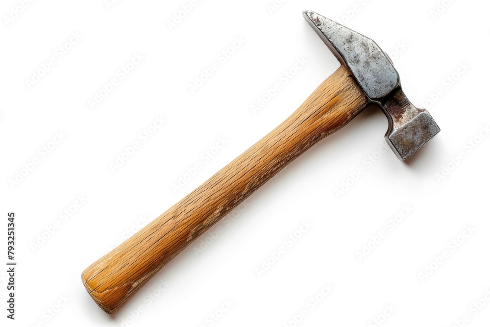 A hammer with a wooden handle on a white surface. Suitable for construction or DIY projects A hammer with a wooden handle on a white surface. Suitable for construction or DIY projects