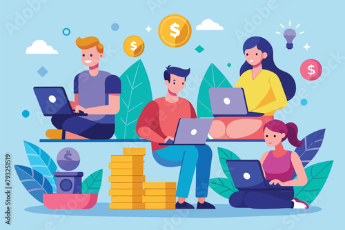 Group of People Sitting on Top of a Pile of Coins, people are investing money using laptops, Simple and minimalist flat Vector Illustration