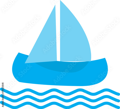 Cartoon boat, blue sailboat and wave, cute child yacht, summer ship, vacation sea vessel isolated on white background. Marine vector illustration