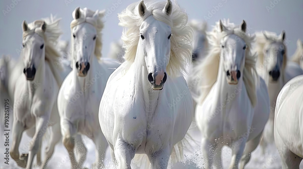 Fototapeta premium A herd of white horses are running in a field