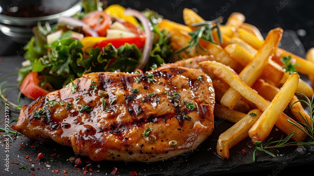 A detailed shot of a plate featuring crispy french fries alongside other delicious food items. A detailed shot of a plate featuring crispy french fries alongside other delicious food items.
