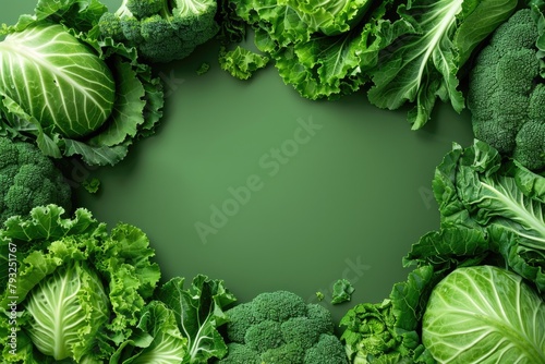 Fresh and vibrant green vegetable wreath on a green background. Suitable for food and nutrition concepts