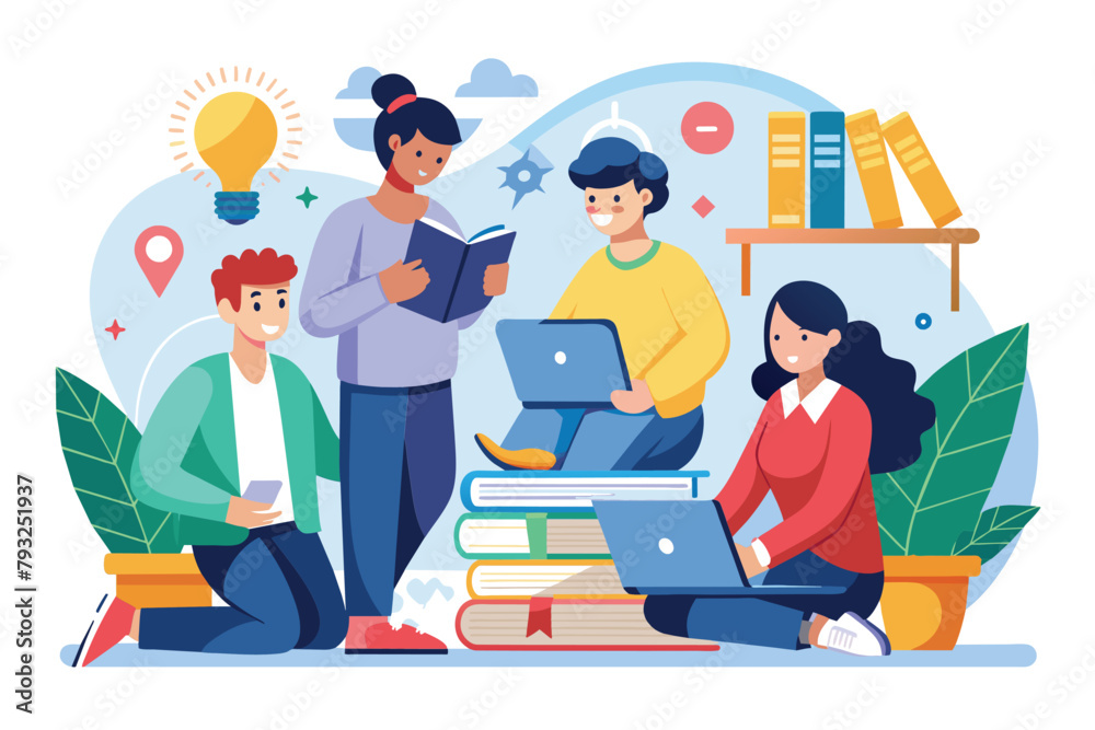 Several individuals are gathered around a stack of books, engaged in a learning session, People are learning together, Simple and minimalist flat Vector Illustration
