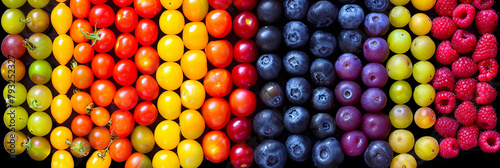 A colorful display of fruits including blueberries, raspberries, and tomatoes
