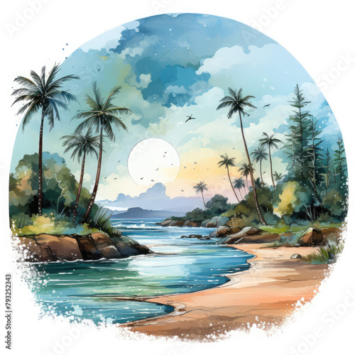 Watercolor Beach Landscape, clipart Illustration, Generative Ai