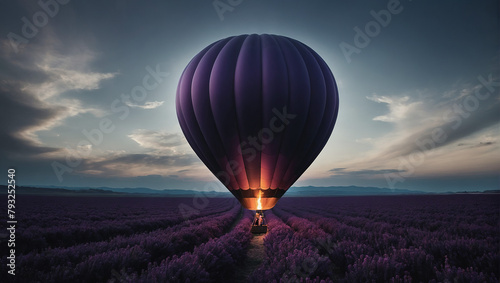 Purple hot air balloon for travel, tourism, on a lavender field, postcard, mockup.