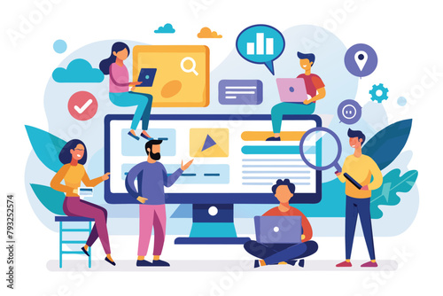 Diverse individuals studying content on computer screen together, people are looking for resources on the internet using computers, Simple and minimalist flat Vector Illustration